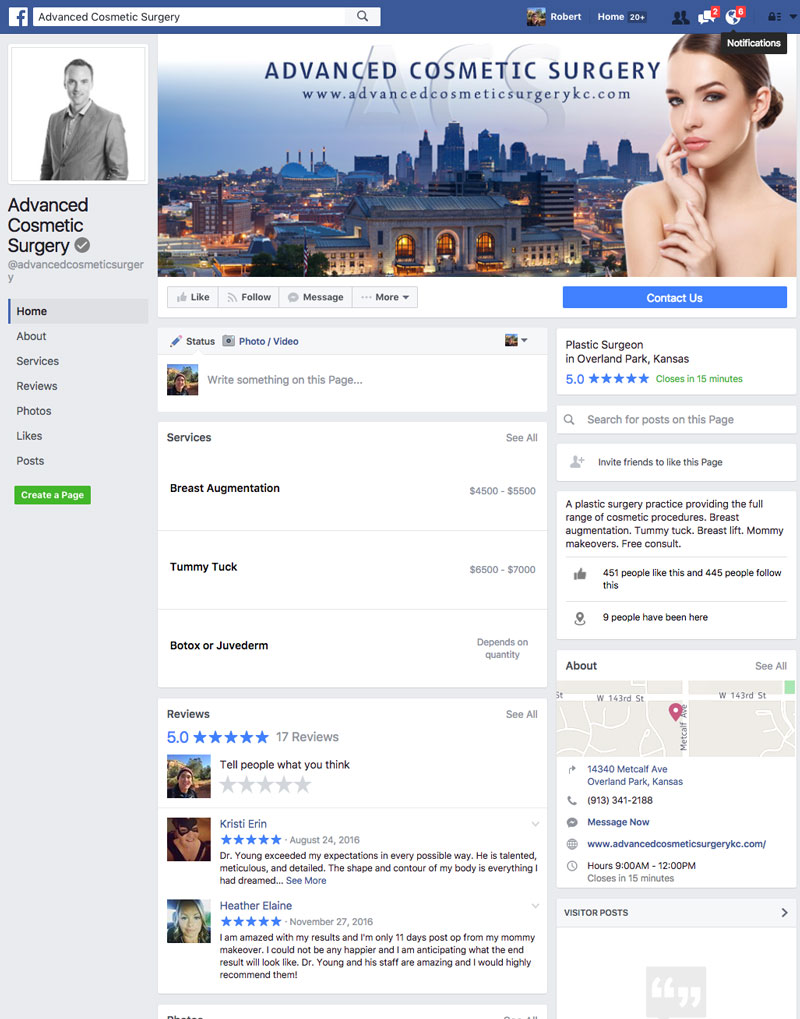 Screenshot of the Facebook timeline for Advanced Cosmetic Surgery account