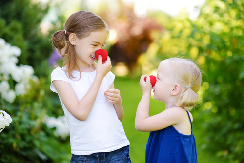 Two children holding clown noses over their faces