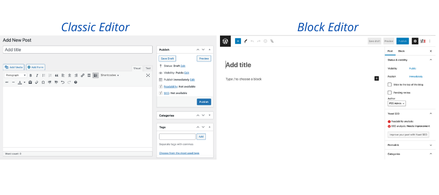 Comparison between classic and block editor formats on WordPress (you can switch between them)