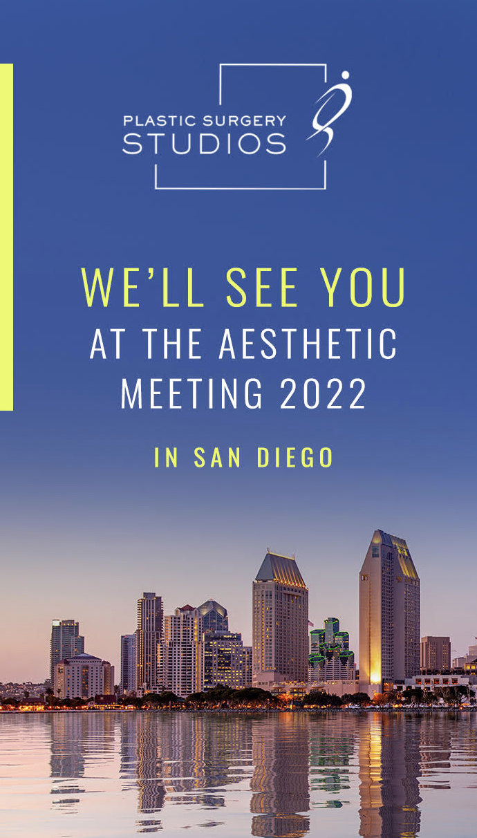 Flyer showing Plastic Surgery Studios' participation at the Aesthetic Meeting 2022.