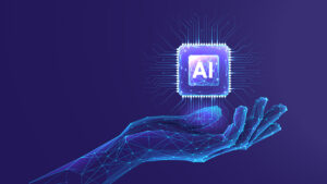 Artificial Intelligence logo in human hand